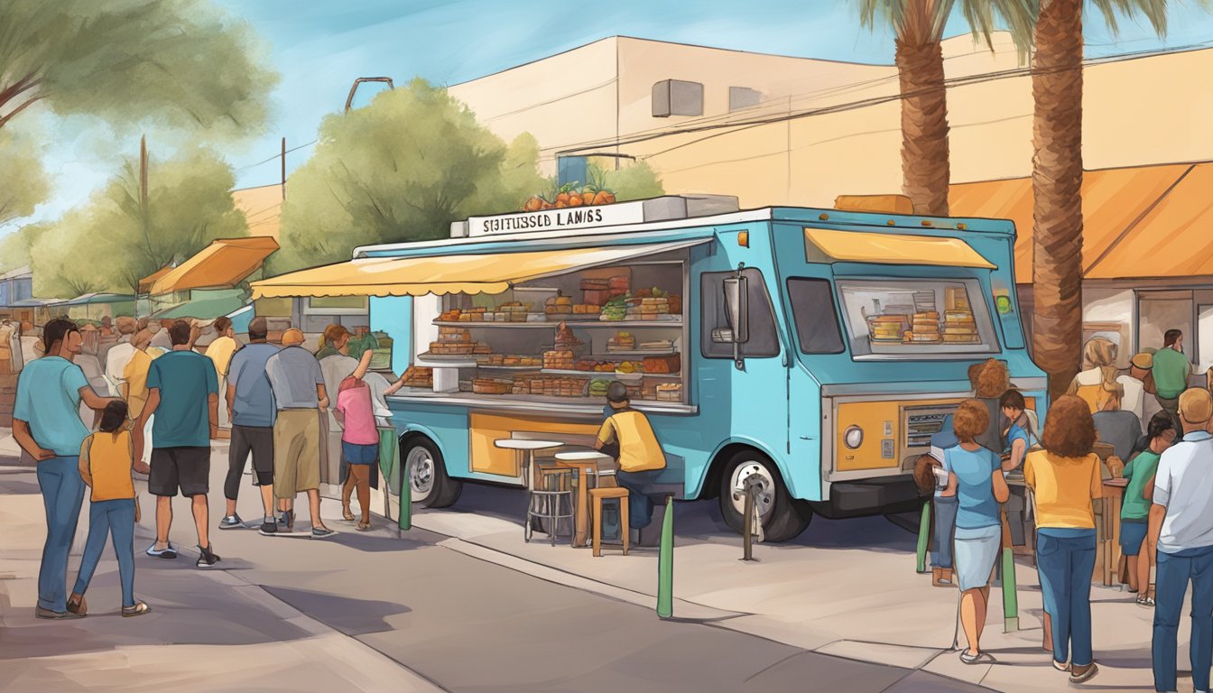 A food truck parked on a bustling street in Scottsdale, Arizona, with a line of customers waiting to order, while the owner navigates through local food truck laws