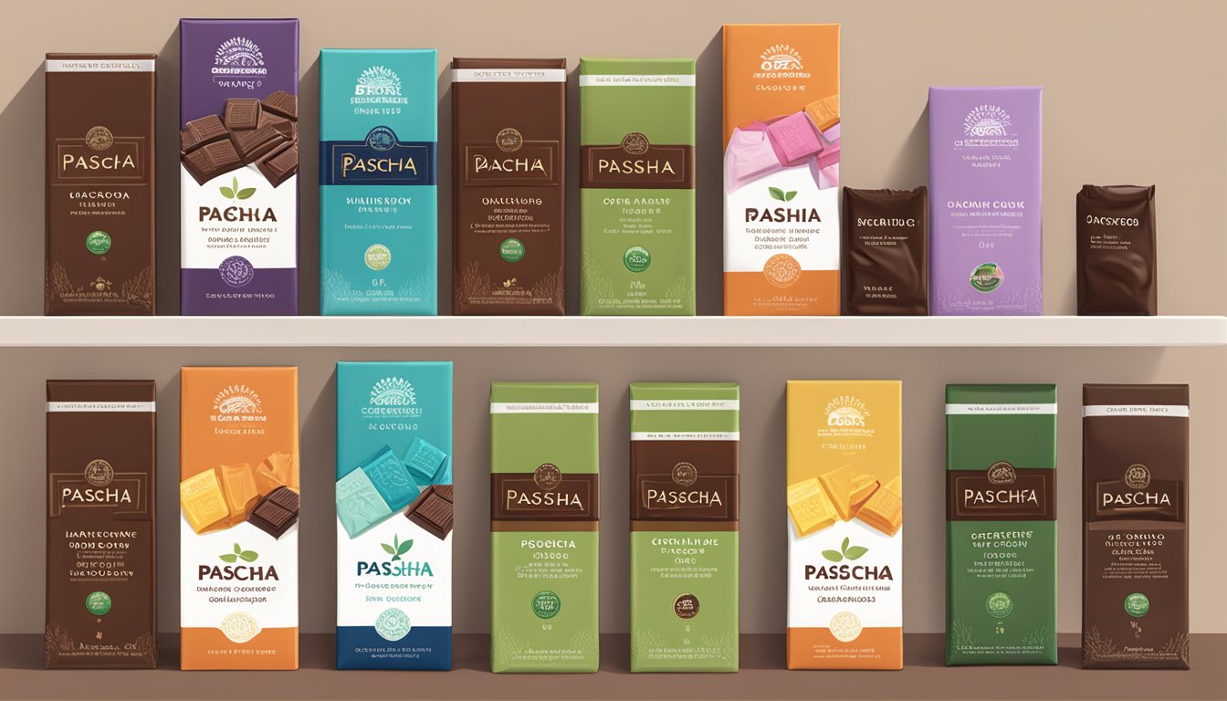 A variety of Pascha Organic Dark Chocolate bars and packages displayed on a shelf, alongside other lactose-free chocolate options