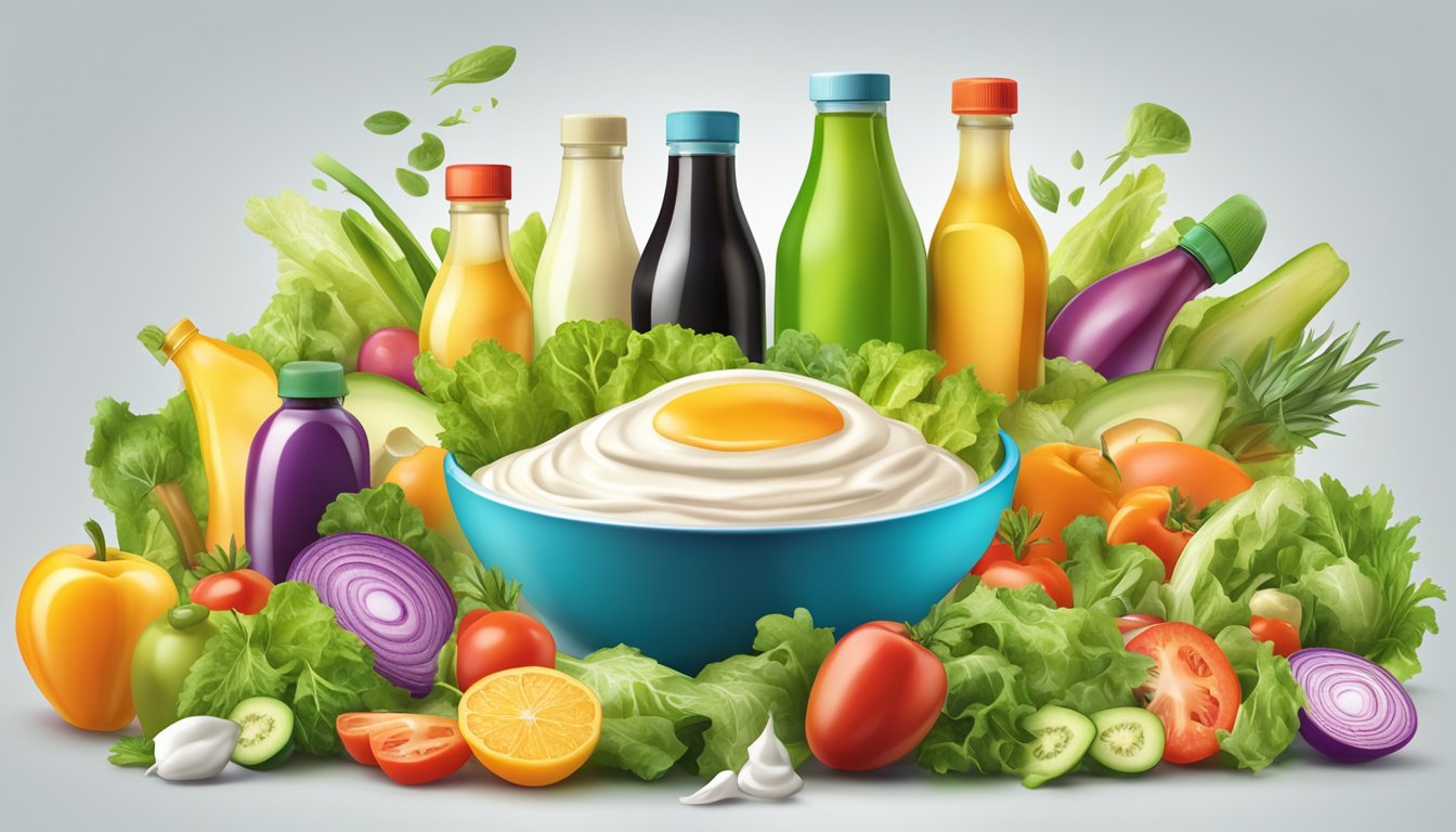 A colorful salad bowl with various lactose-free dressing bottles arranged around it