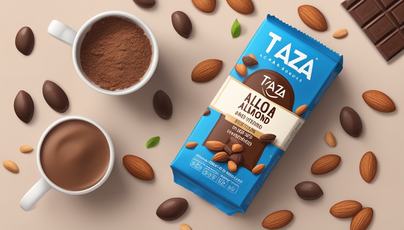 A glass of Taza Chocolate Almond Milk with almonds and cacao beans scattered around it, surrounded by dairy-free chocolate bars and cocoa powder