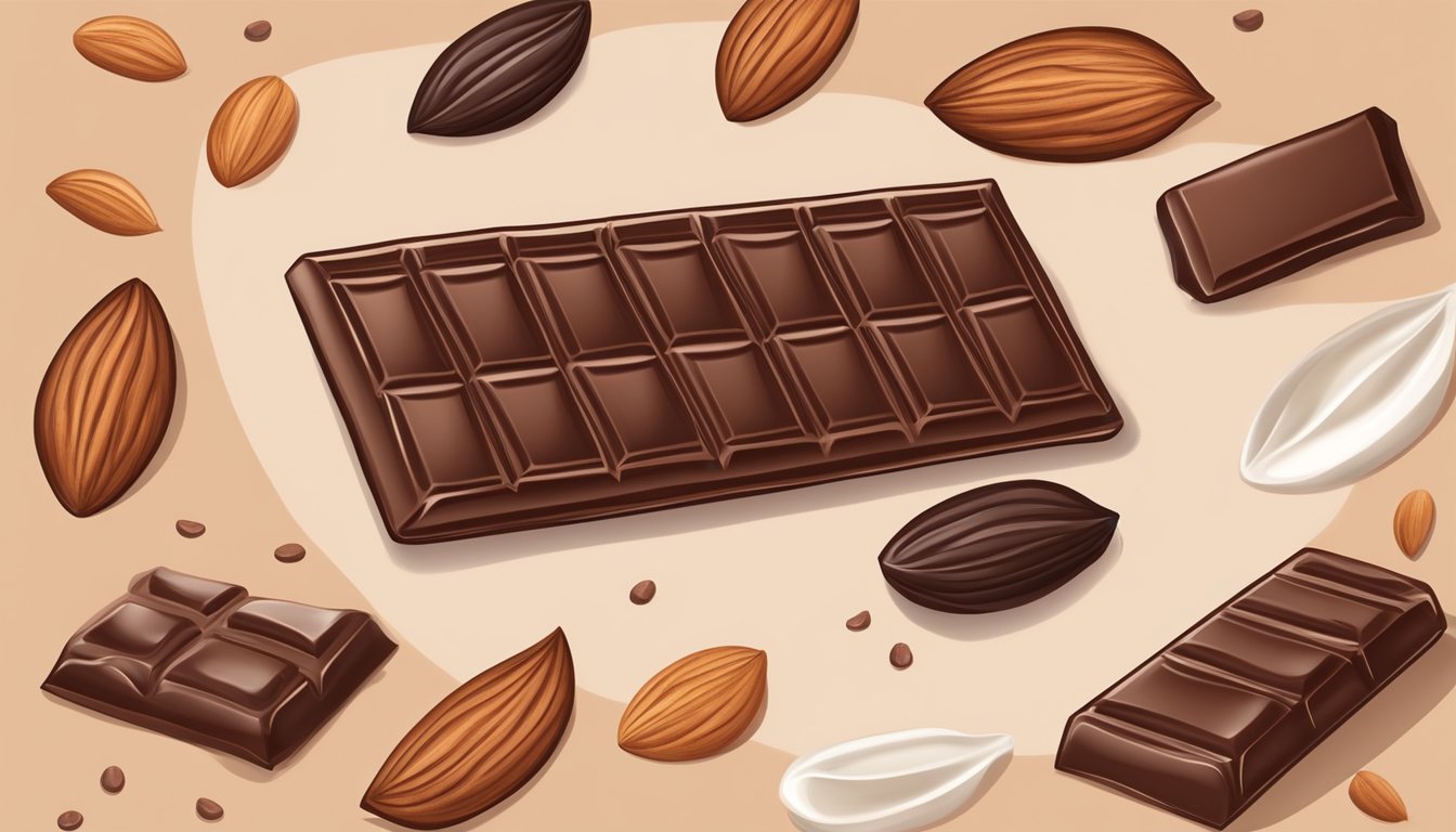 A luxurious dark chocolate bar surrounded by fresh cocoa beans and a glass of almond milk