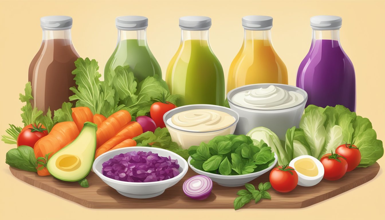 A colorful array of lactose-free salad dressings arranged on a wooden table, surrounded by fresh vegetables and herbs