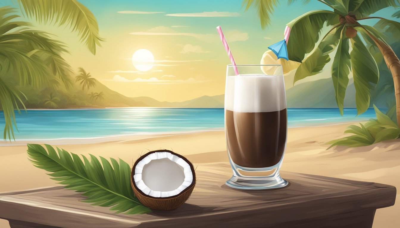 A serene tropical beach with a coconut tree, a glass of cocomilk, and a bar of lactose-free chocolate