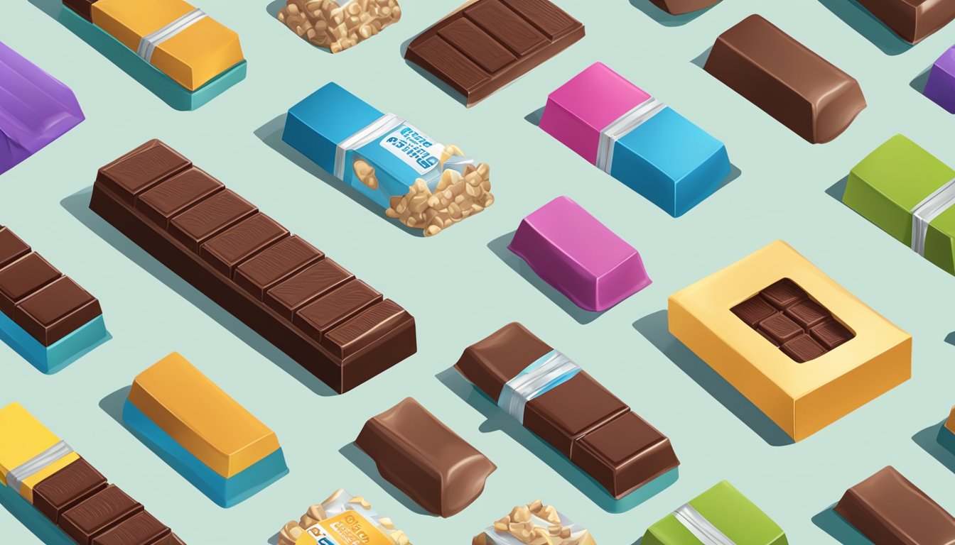 A table with various lactose-free chocolate options displayed in colorful packaging