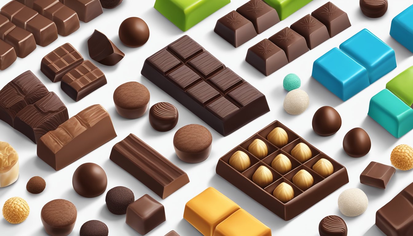 A colorful array of lactose-free chocolates, including bars, truffles, and bonbons, displayed on a pristine white table