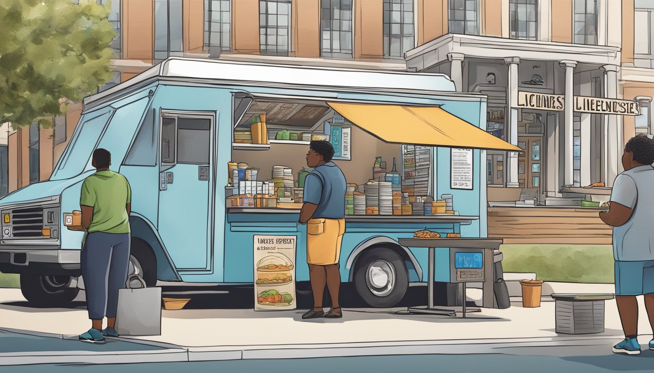 A food truck parked outside city hall, with a vendor speaking to a clerk behind a counter, surrounded by paperwork and signage about business licenses and food truck laws in Augusta, Georgia