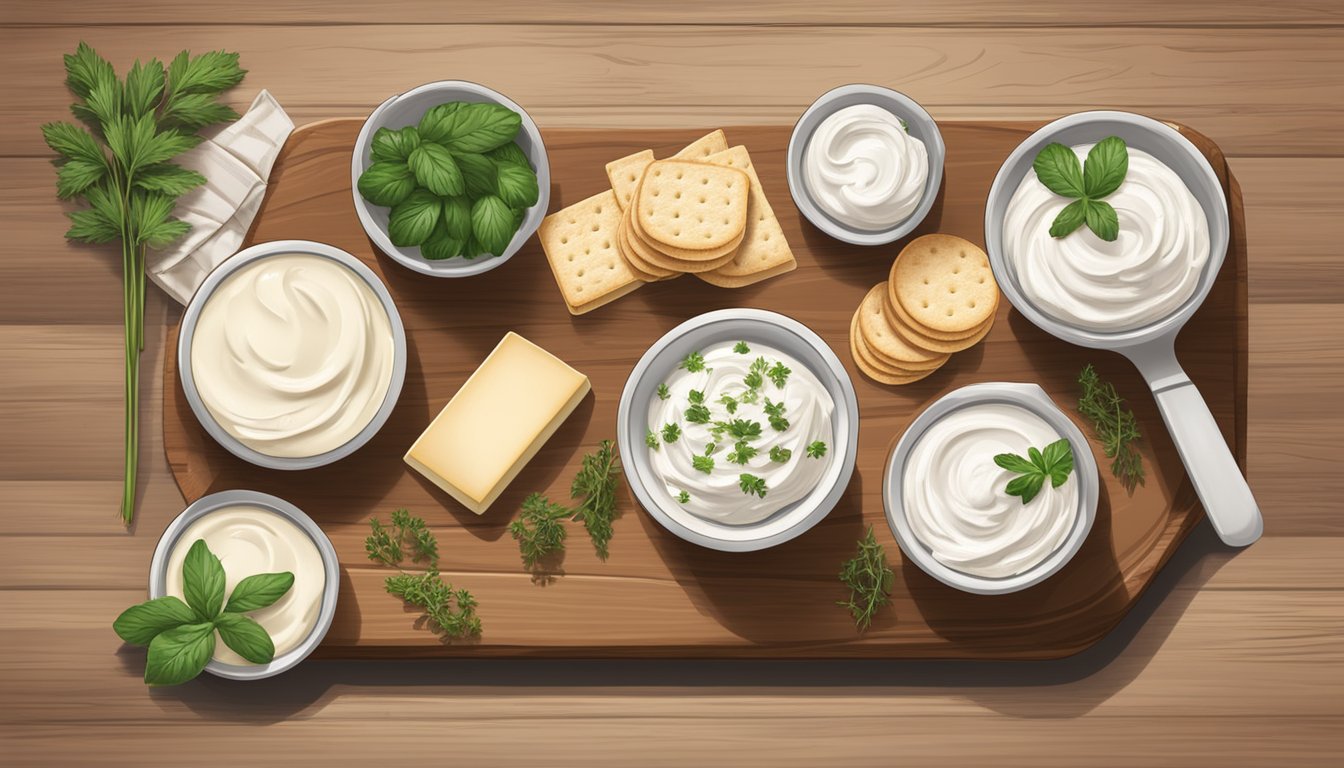 A spread of various lactose-free cream cheese options, including Daiya Cream Cheeze, displayed on a rustic wooden board with fresh herbs and crackers