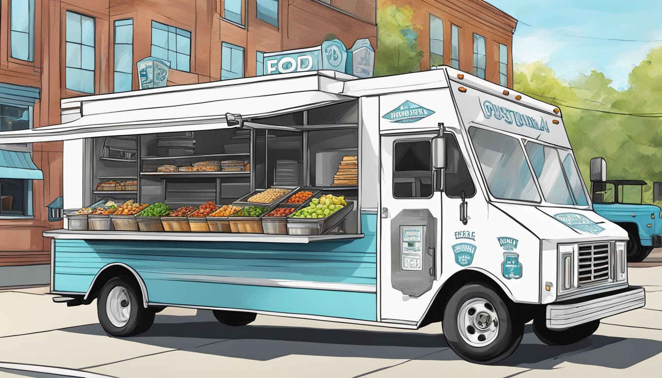 A food truck parked in downtown Augusta, Georgia, with a city ordinance sign in the background