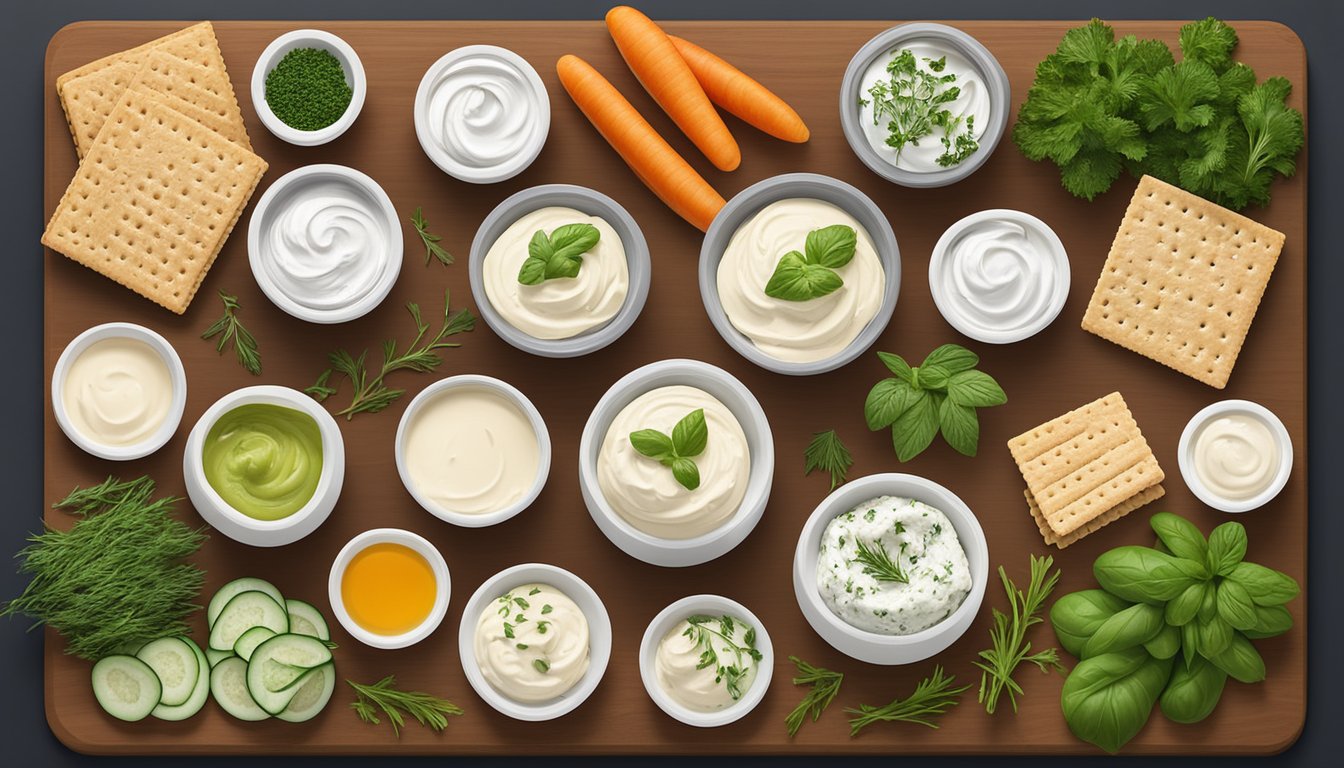 A spread of dairy-free cream cheese options on a wooden cutting board, surrounded by fresh herbs, vegetables, and a variety of crackers