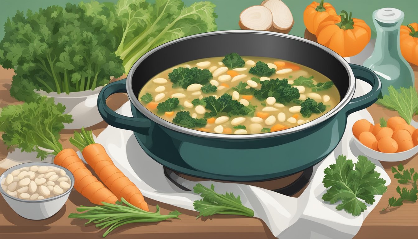 A pot of white bean and kale soup simmers on a stovetop, surrounded by fresh vegetables and herbs