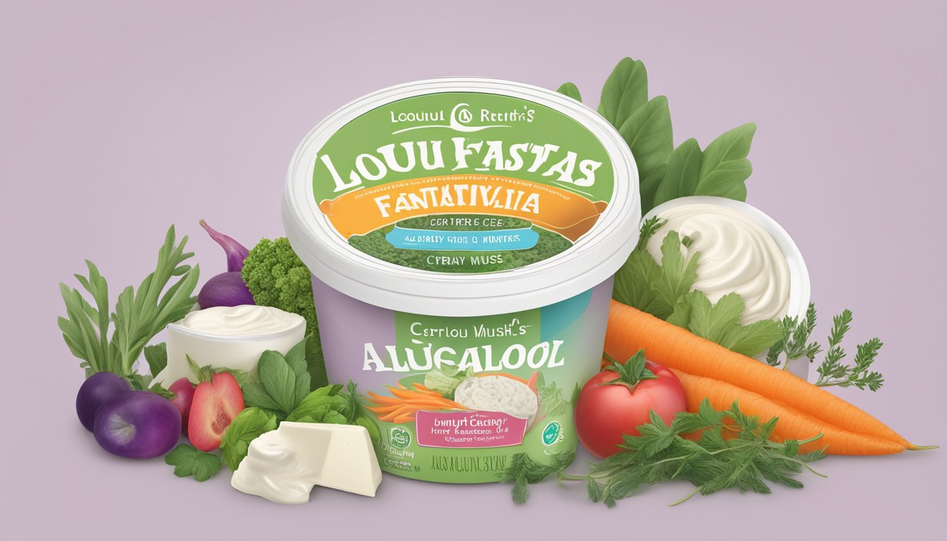 A colorful display of dairy-free cream cheese alternatives, surrounded by fresh herbs and vegetables, with a label reading "Loulou Lush's Creamy Fantasia."