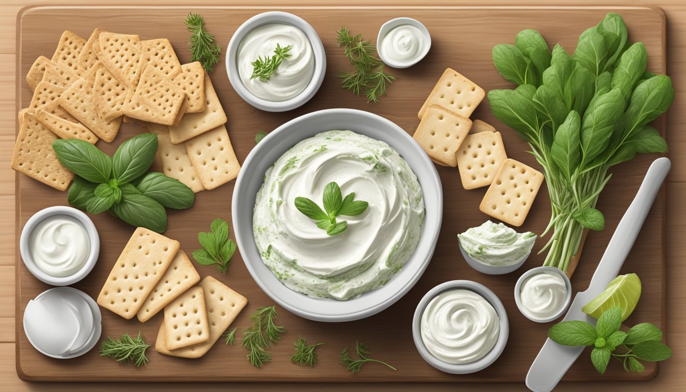 A table with a variety of dairy-free cream cheese options, including Green Vie Spread, displayed on a wooden cutting board with some fresh herbs and crackers