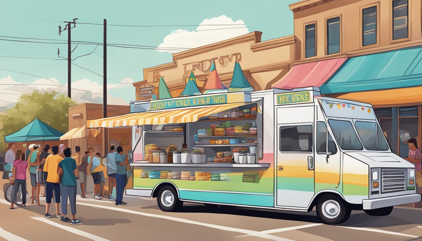 A food truck parked on a bustling street in Peoria, Arizona, with a line of customers waiting to order. The truck is adorned with colorful signage and a menu board, while the aroma of sizzling food fills the air