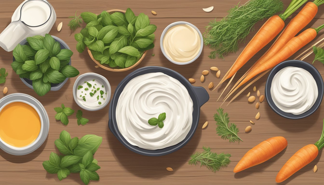 A spread of lactose-free cream cheese options, including Nush Almond Milk Cream Cheese, displayed on a wooden cutting board with fresh herbs and sliced vegetables