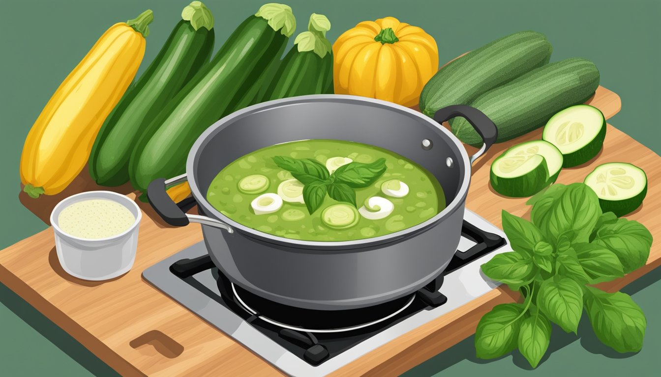 A pot of zucchini basil soup simmering on a stove, surrounded by fresh zucchinis, basil leaves, and other lactose-free ingredients