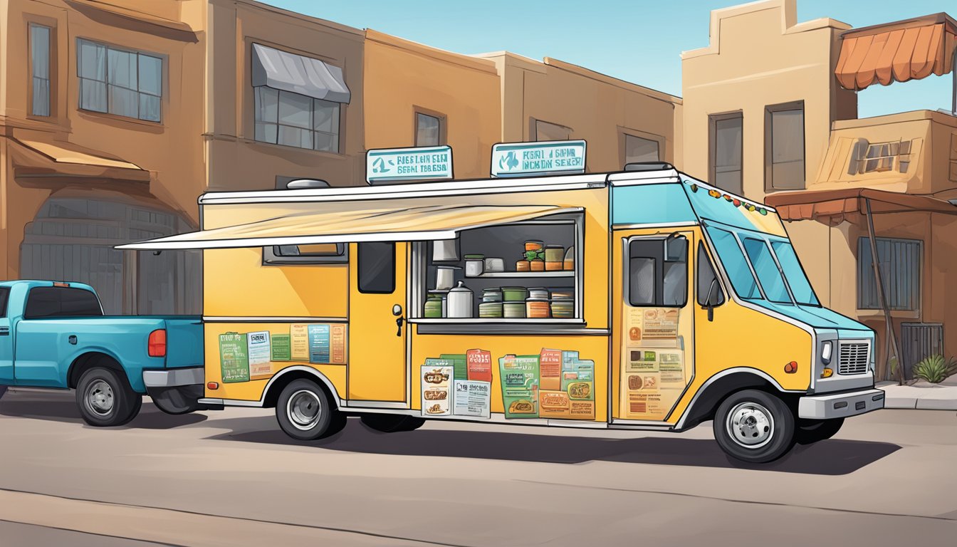 A food truck parked in Peoria, Arizona, with clear health and safety compliance signs displayed