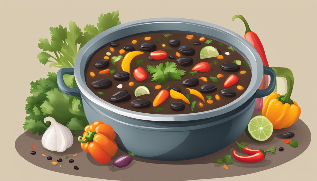 A steaming pot of spicy black bean soup surrounded by fresh ingredients like bell peppers, onions, and cilantro