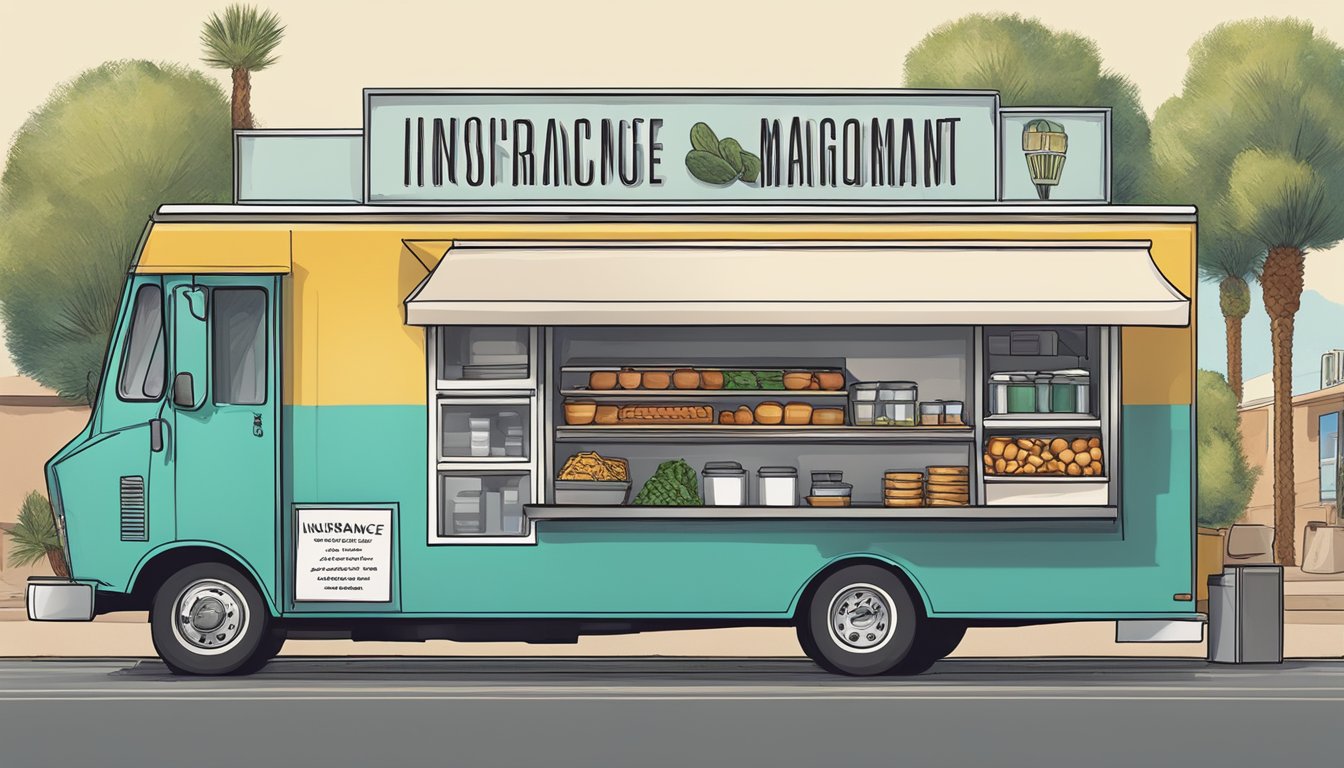 A food truck parked in Peoria, Arizona, with a sign displaying "Insurance and Risk Management" and adhering to local food truck laws