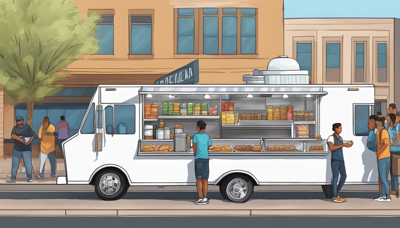 A food truck parked on a busy street in Peoria, Arizona, with a line of customers waiting to order, while the owner manages operations inside