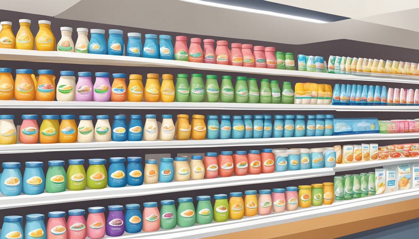 A colorful array of lactose-free yogurt options, including various flavors and sizes, displayed on a shelf in a grocery store