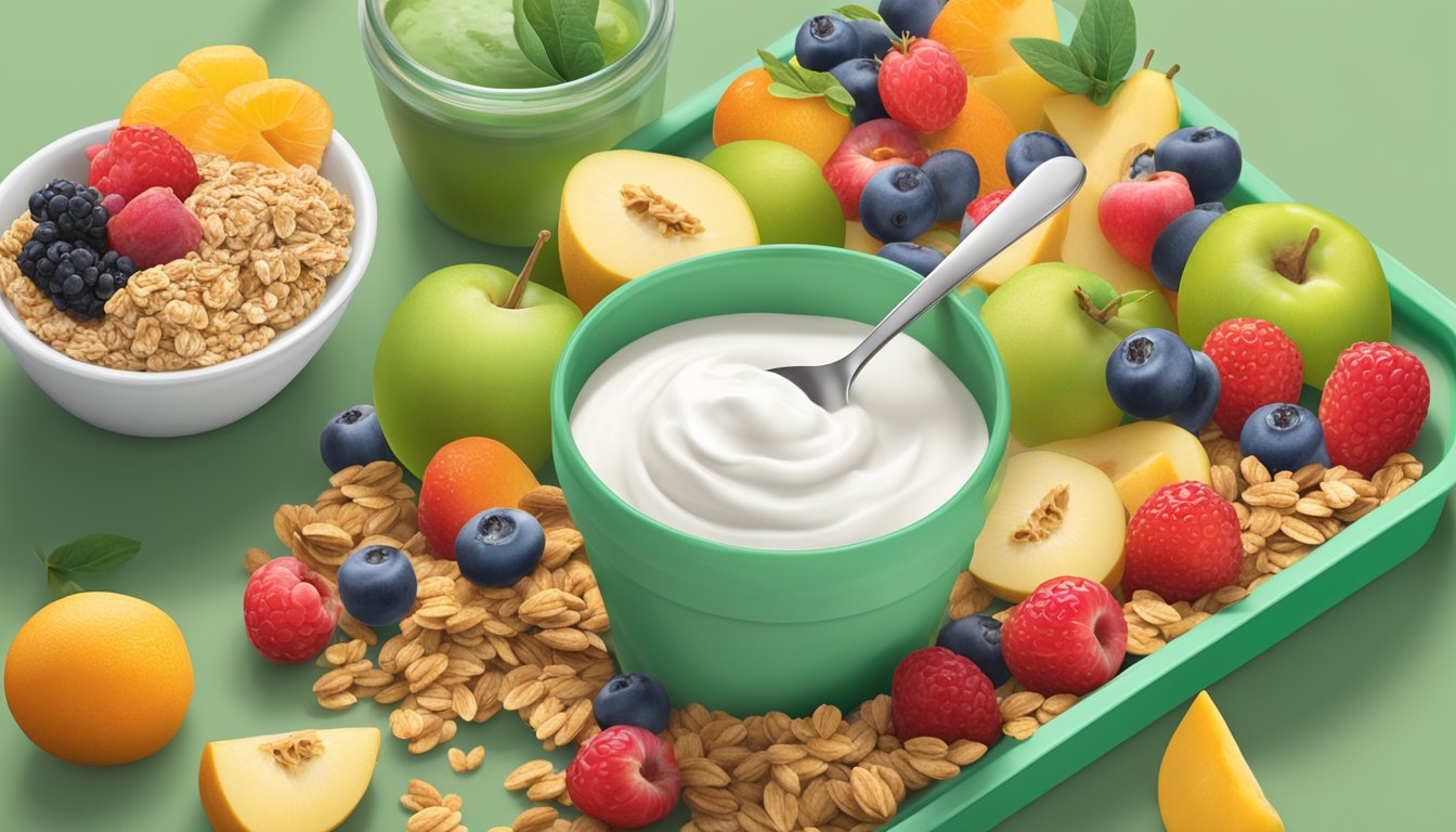 A spoonful of Green Valley Creamery Lactose-Free Yogurt being scooped out of a container, surrounded by a variety of colorful fruits and granola