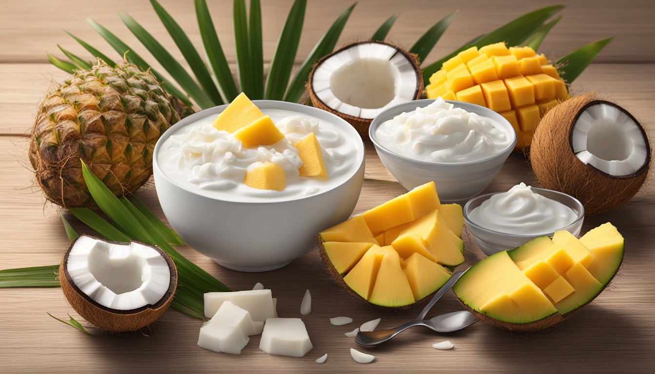 A spoonful of Chobani Non-Dairy Coconut-Based Yogurt surrounded by fresh coconut, pineapple, and mango slices on a wooden table