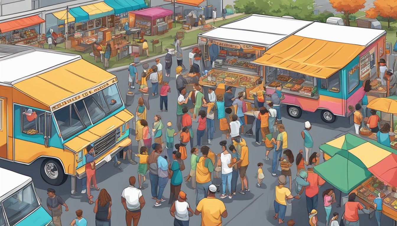 A bustling food truck park in Knoxville, Tennessee, with colorful trucks and a diverse crowd enjoying a variety of cuisines