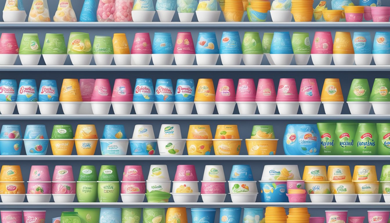 A variety of Yoplait Lactose-Free Yogurt cups arranged on a shelf in a grocery store