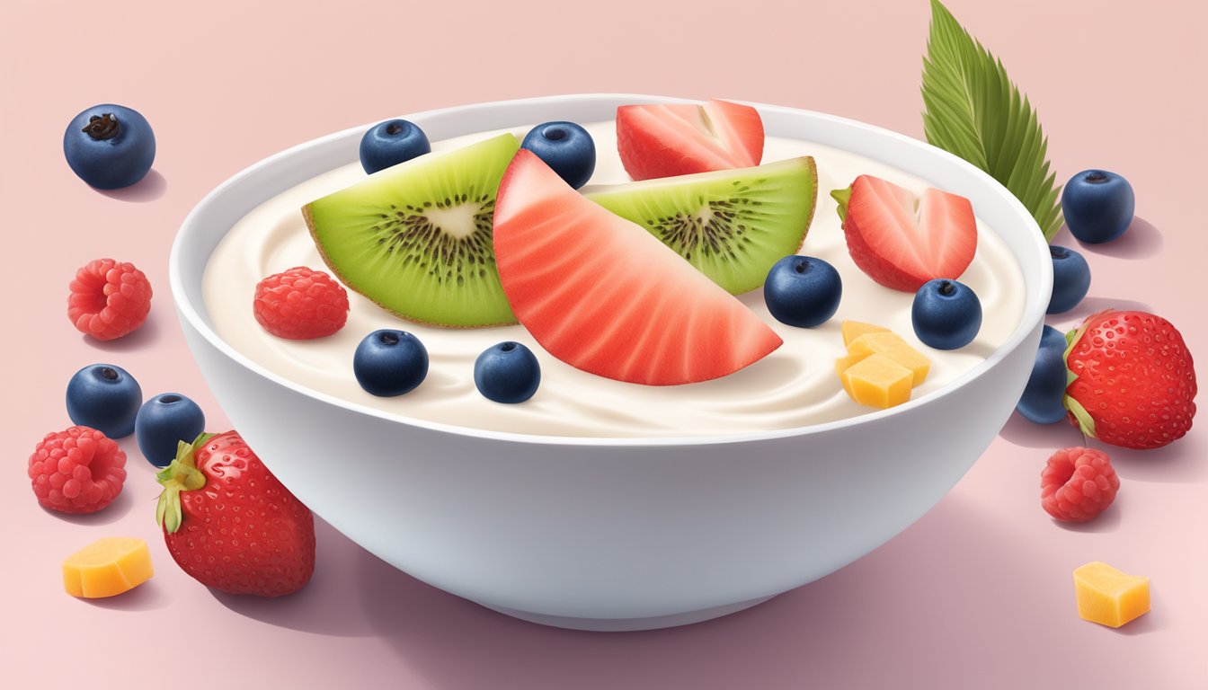 A bowl of probiotic oat milk yogurt surrounded by lactose-free fruit options