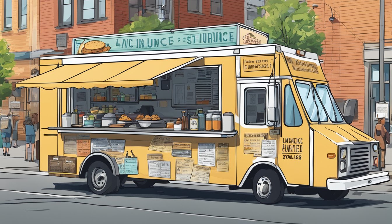 A food truck parked on a bustling street in Knoxville, Tennessee, displaying visible insurance and liability certificates in compliance with local laws