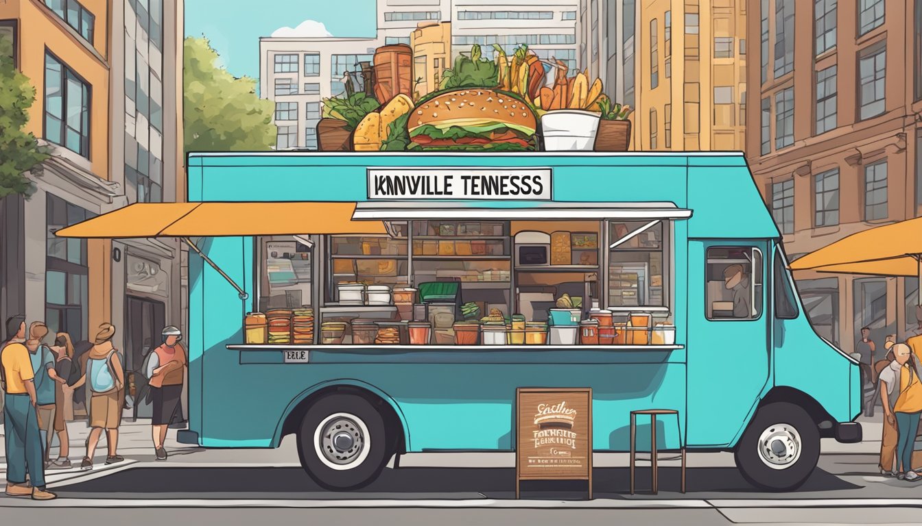 A food truck parked on a city street, surrounded by bustling pedestrians and with a sign displaying "Knoxville, Tennessee Food Truck Laws" prominently