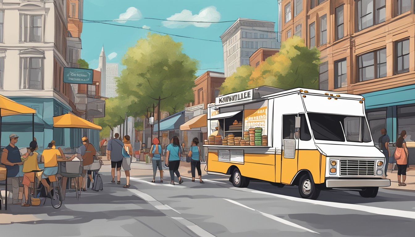 A food truck parked on a bustling street, with a sign displaying Knoxville, Tennessee food truck laws in the background