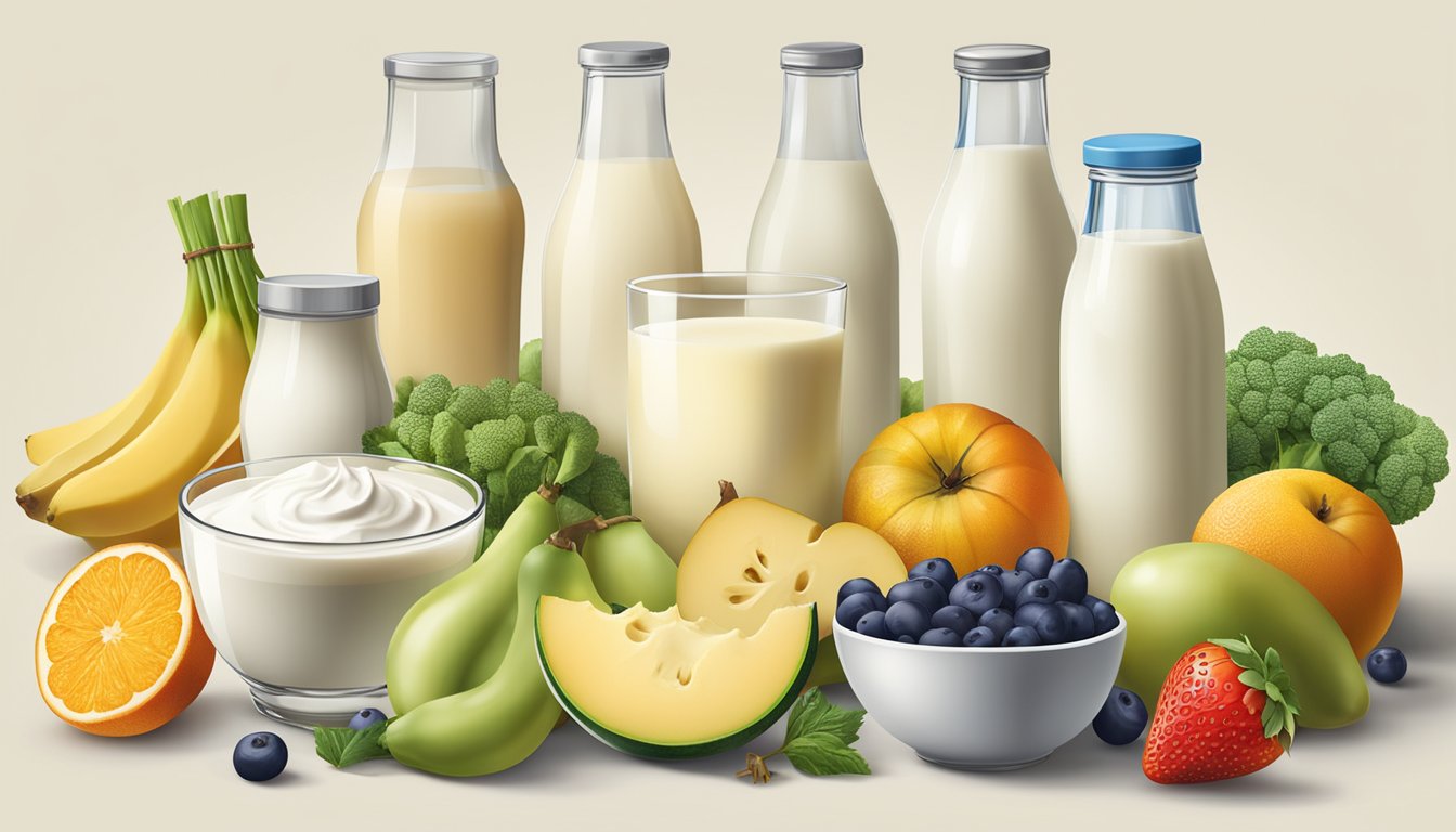 A variety of dairy products surrounded by fruits and vegetables, with a glass of milk prominently displayed