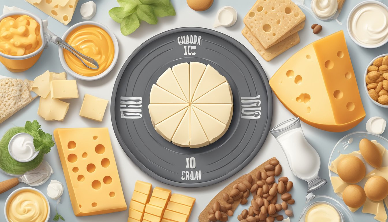 A wheel of cheddar cheese surrounded by a variety of dairy products such as milk, yogurt, and ice cream, with a list of lactose-containing foods in the background