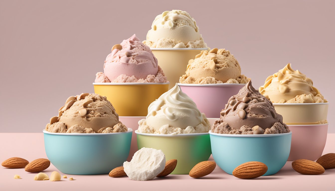 A bowl of Almond Dream Praline Crunch ice cream surrounded by various lactose-free ice cream options in different flavors and packaging