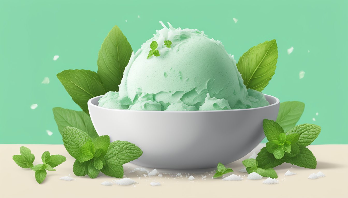 A bowl of Luna & Larry's Coconut Bliss Mint Galactica ice cream surrounded by fresh mint leaves and coconut shavings