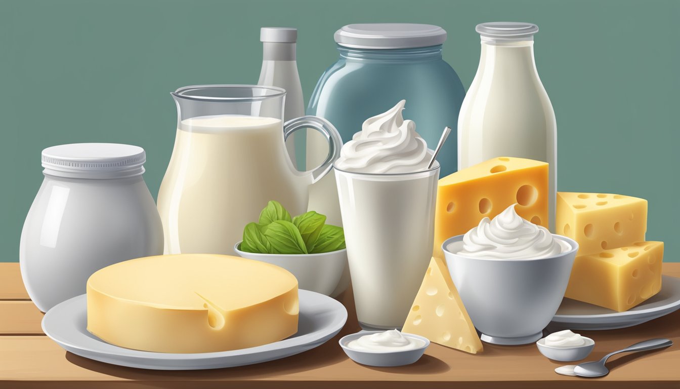 A variety of dairy products, such as milk, cheese, and yogurt, are arranged on a table with a prominent container of cream cheese