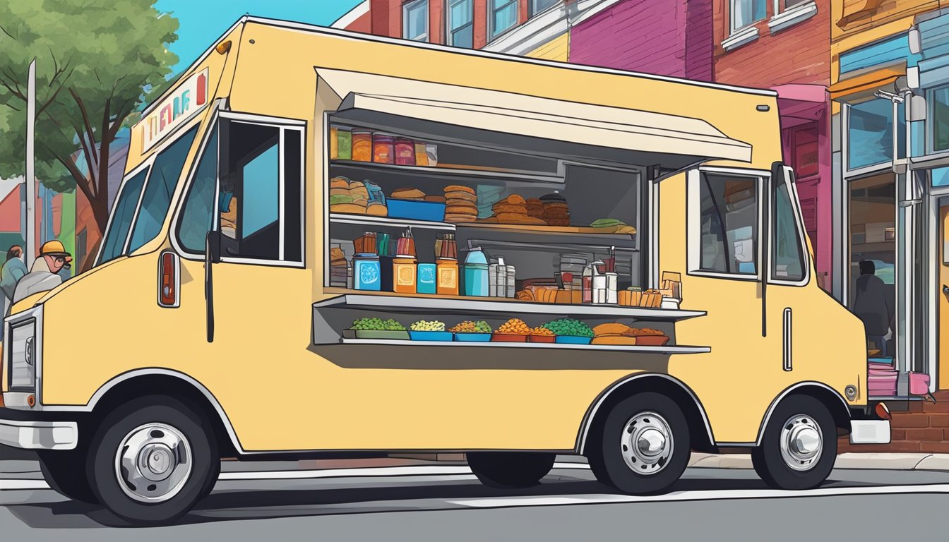 A food truck parked on a busy street in Chesapeake, Virginia, with a line of customers waiting to order. The truck is surrounded by colorful signage and has a small seating area nearby