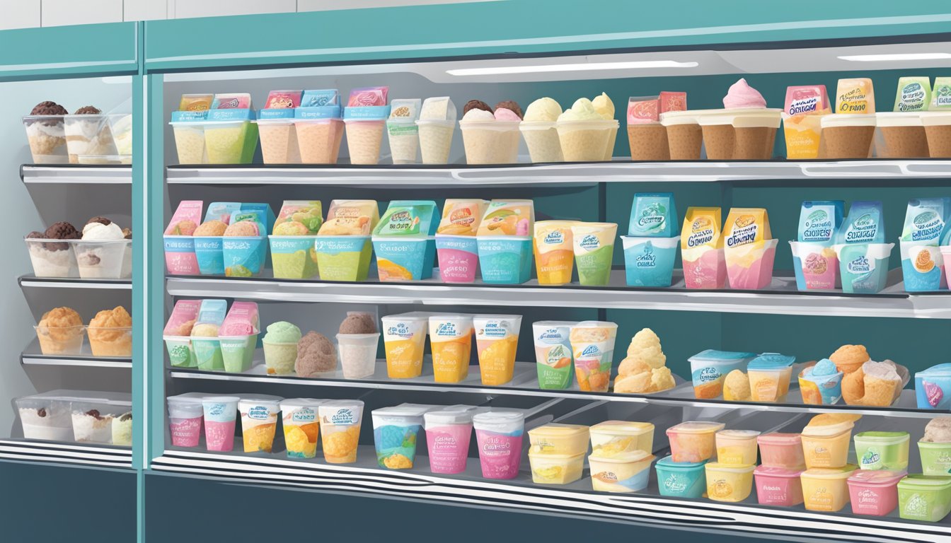 A variety of lactose-free ice cream options displayed in a freezer at a grocery store. Various flavors and brands are visible, along with clear "lactose-free" labels