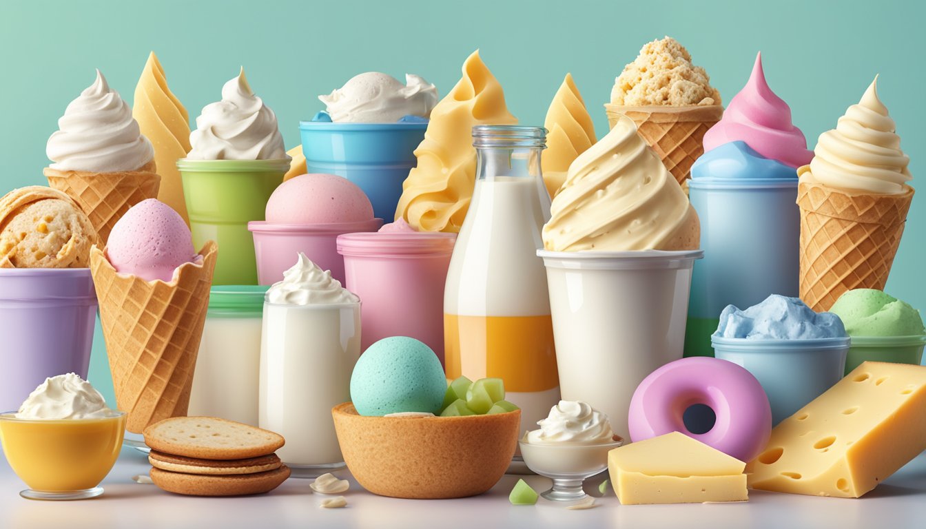 A colorful ice cream cone surrounded by dairy products like milk, cheese, and yogurt, with a list of lactose-containing foods nearby