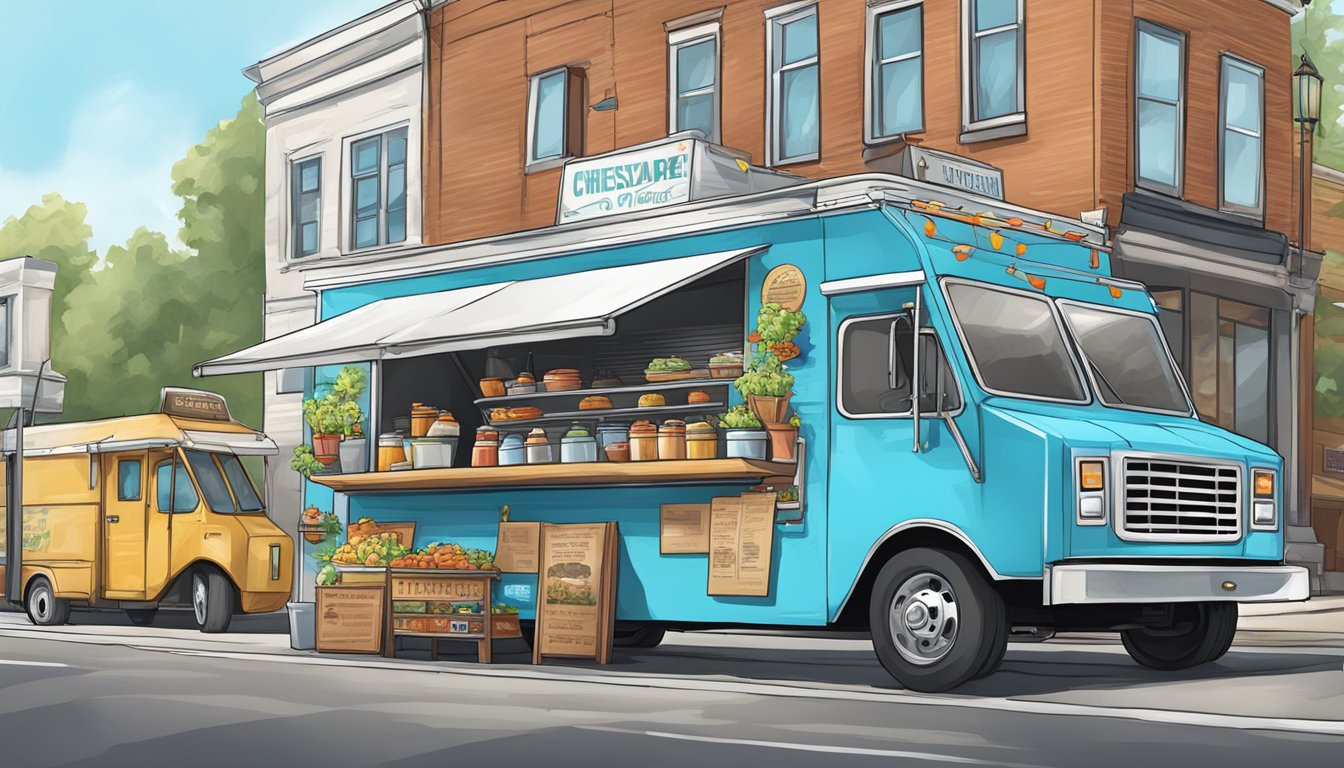 A food truck parked on a city street, surrounded by signs and regulations specific to Chesapeake, Virginia