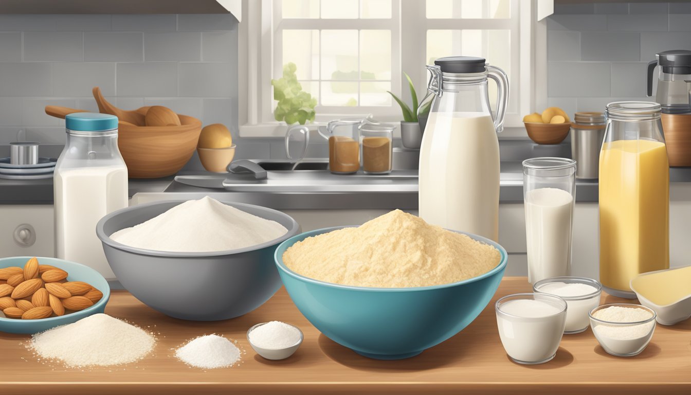 A kitchen counter with a mixing bowl, measuring cups, and various lactose-free ingredients, such as almond milk, gluten-free flour, and dairy-free butter