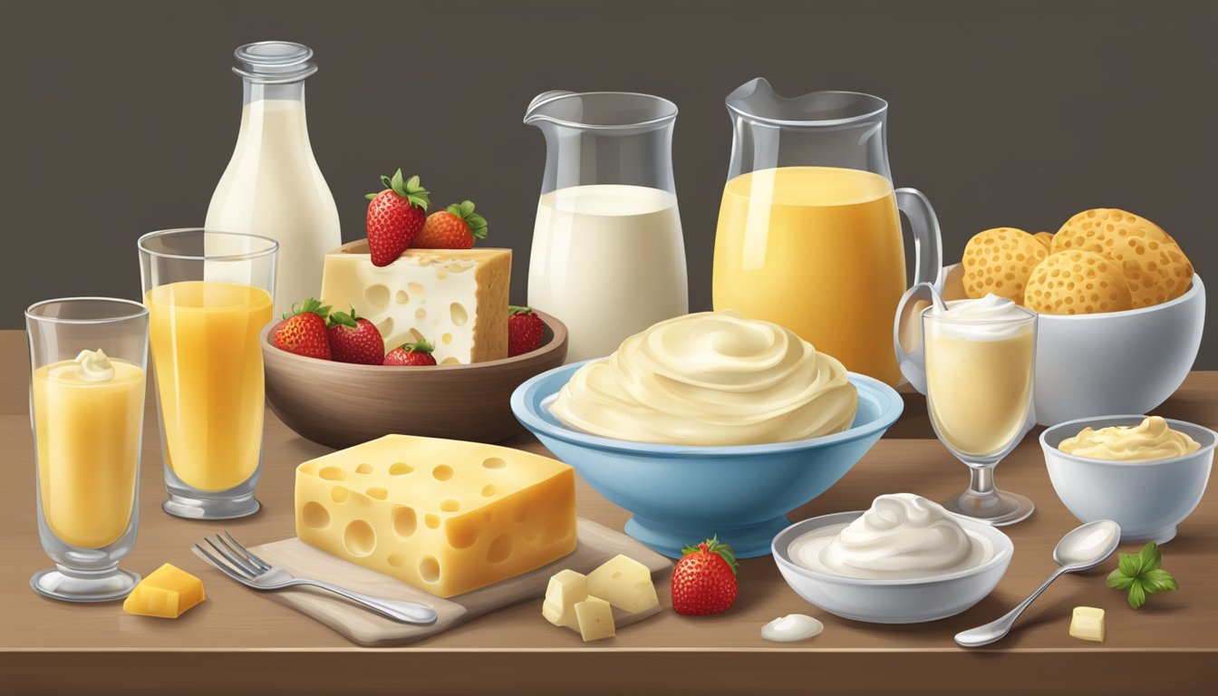 A table with various foods: milk, cheese, yogurt, ice cream, and custard