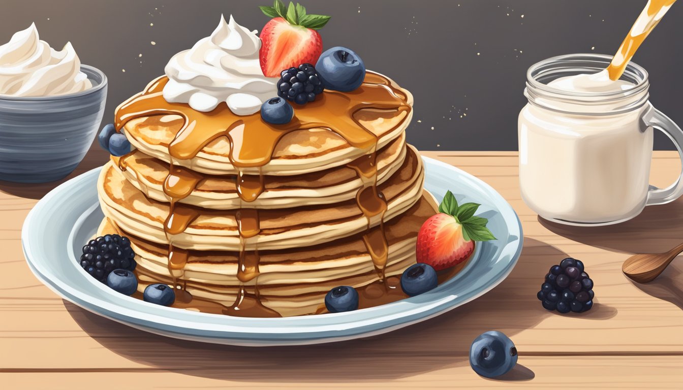 A stack of golden, fluffy pancakes and waffles topped with fresh fruit and drizzled with syrup, surrounded by dairy-free alternatives like almond milk and coconut whipped cream