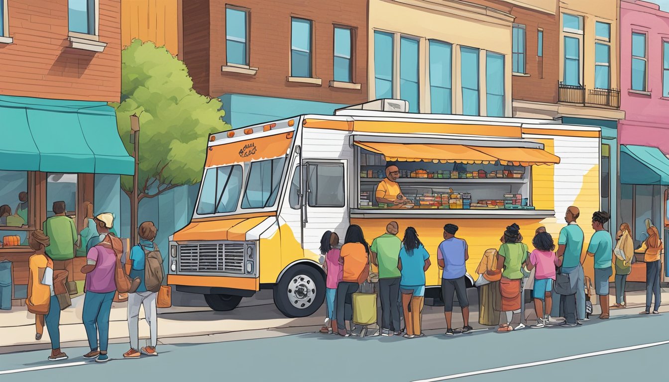 A colorful food truck parked on a bustling street in Overland Park, Kansas, with a line of customers eagerly waiting to order