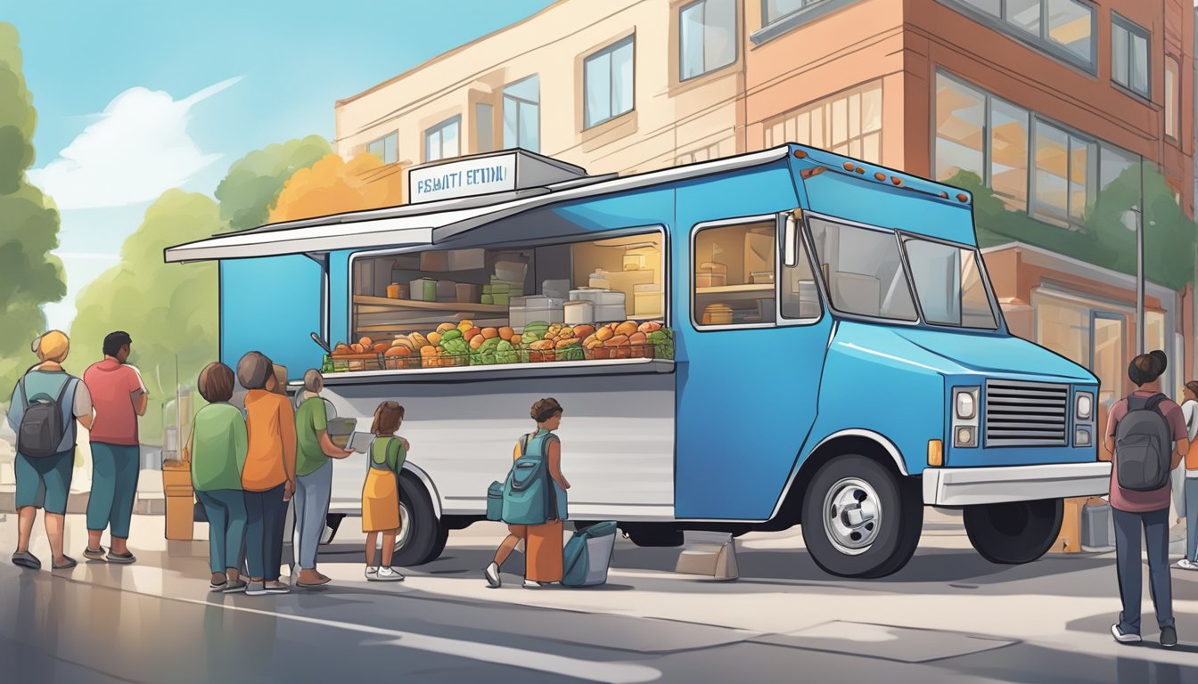 A food truck parked in a designated area, displaying health and safety certifications. Customers line up outside, while the owner follows local food truck laws