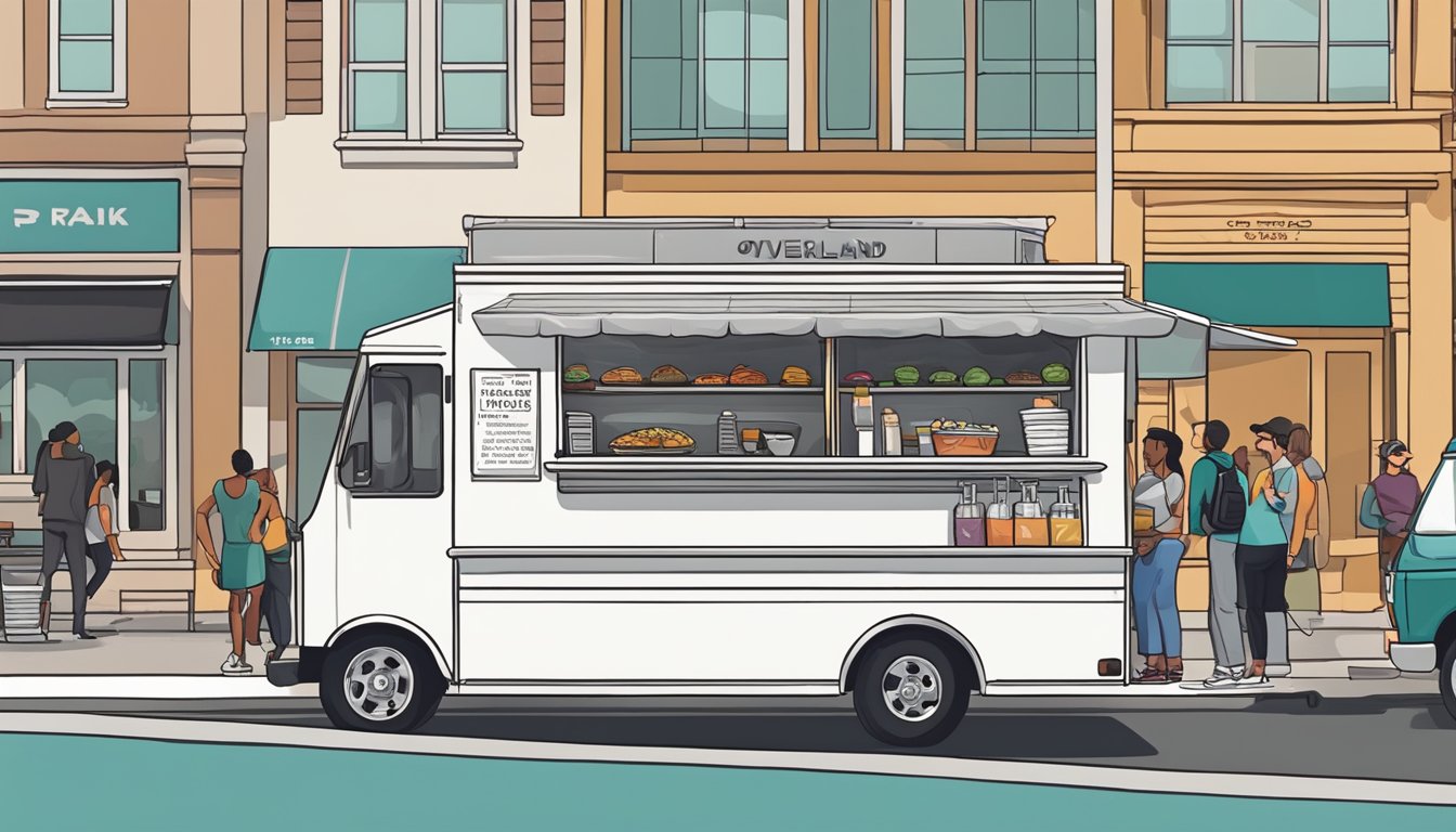 A food truck parked on a city street, with a line of customers waiting to order. A sign displays the food truck laws for Overland Park, Kansas