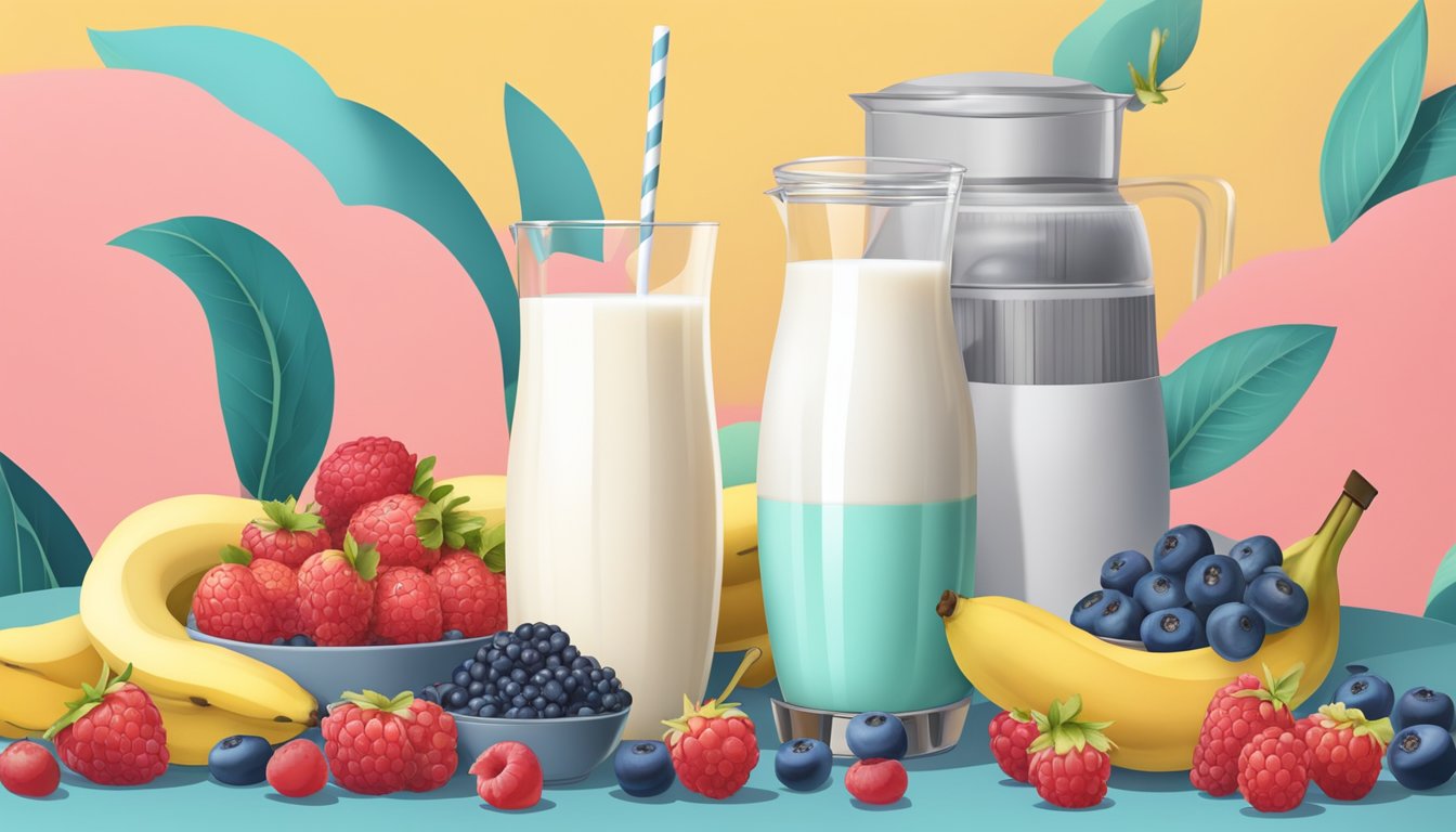 A colorful array of fresh berries and ripe bananas, surrounded by dairy-free milk and a blender