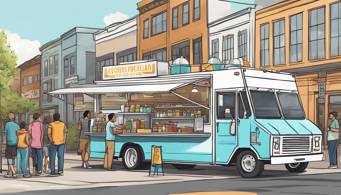 A food truck parked on a bustling street in Overland Park, Kansas, with a line of customers waiting to order, while the owner checks the local food truck laws