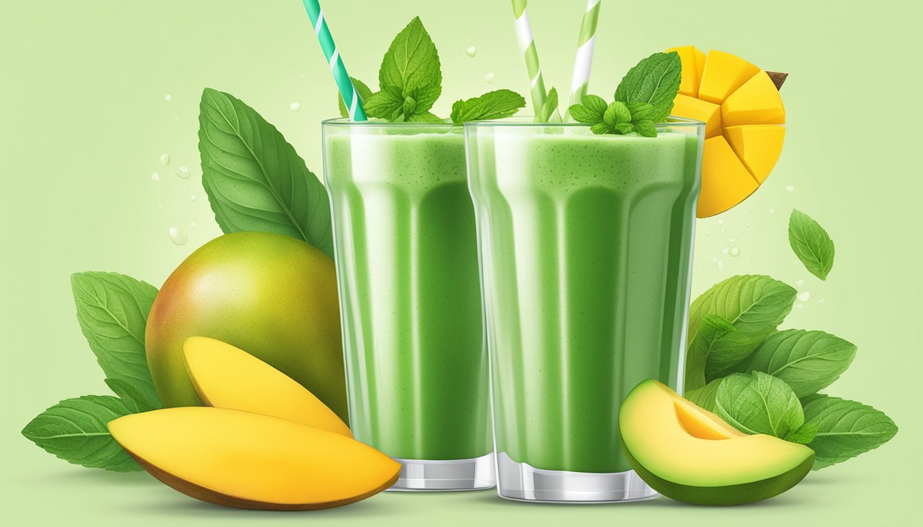 A glass filled with a vibrant green mango mint smoothie surrounded by fresh ingredients like mango, mint leaves, and a splash of almond milk